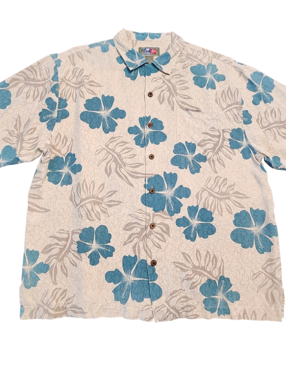 Hilo Hattie Men's Large 100% Silk Vintage Blue Floral Hawaiian Button-Down Shirt